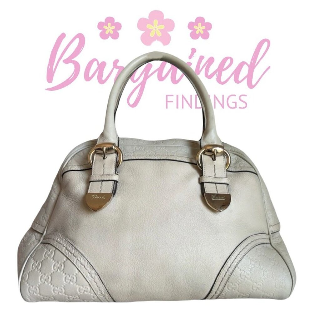 Authentic GUCCI Cream Leather Guccissima Signoria Medium Dome Satchel Bag